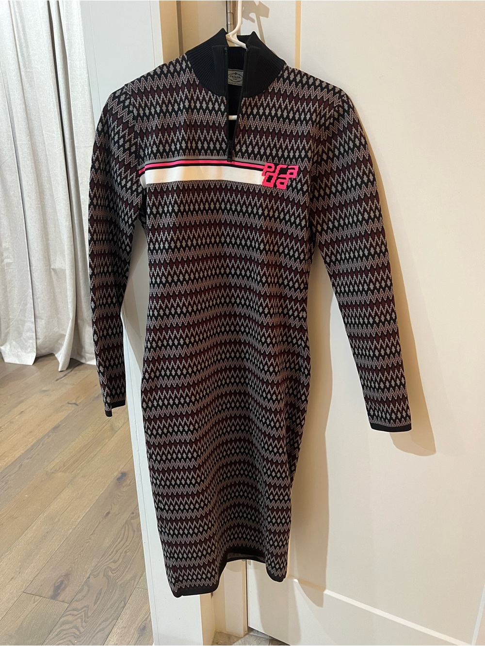 Prada Black & Gray Zigzag Zip-Up Sweater Dress with Pink Stripe